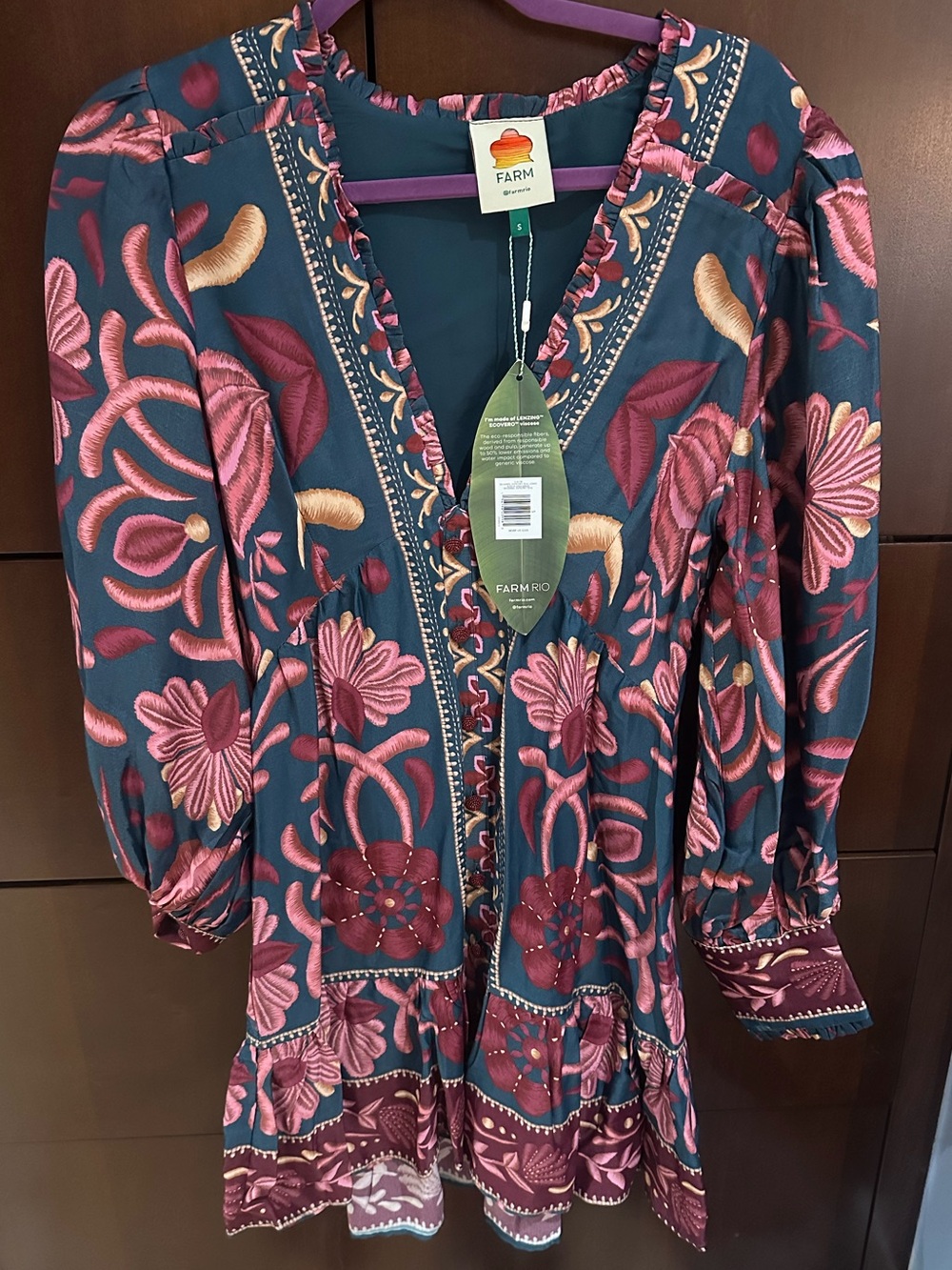 FARM Rio Teal Floral V-Neck Dress with Pink and Burgundy Accents - Picture 1 of 2